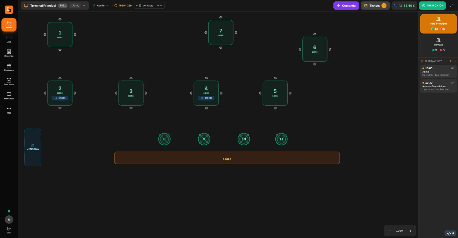 Plano de sala de TakumiPOS con mesas y reservas del día